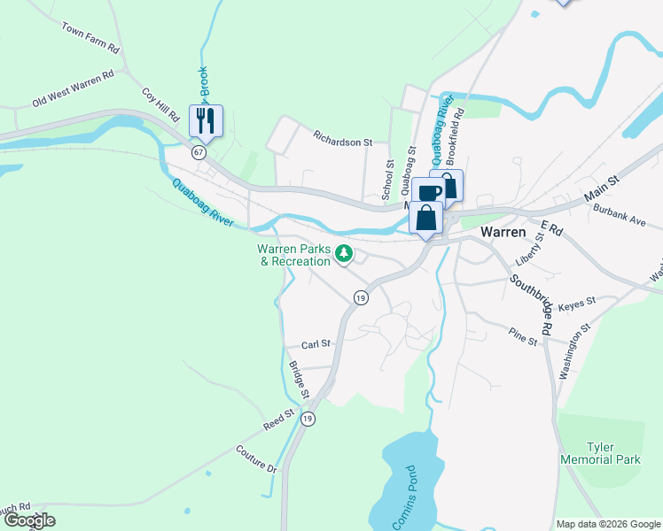 map of restaurants, bars, coffee shops, grocery stores, and more near 67 High Street in Warren