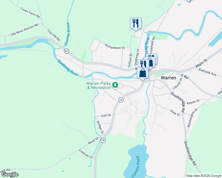 map of restaurants, bars, coffee shops, grocery stores, and more near 59 High Street in Warren