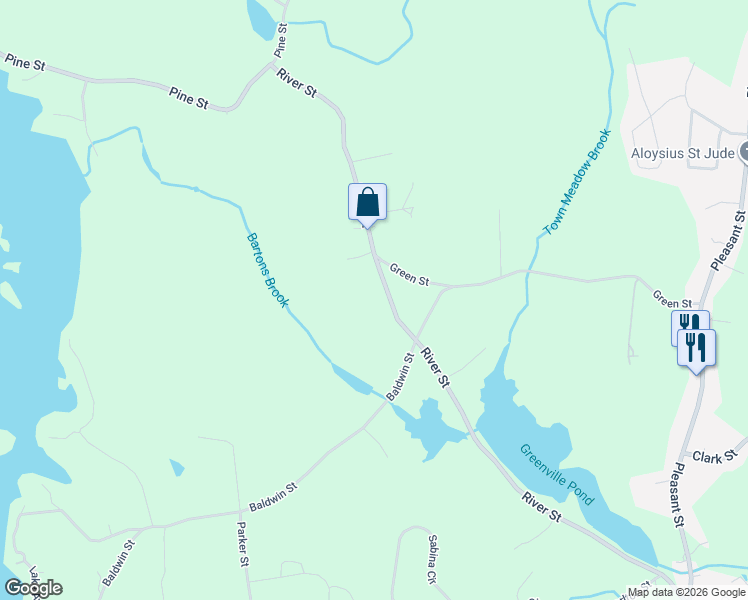 map of restaurants, bars, coffee shops, grocery stores, and more near 301 River Street in Leicester