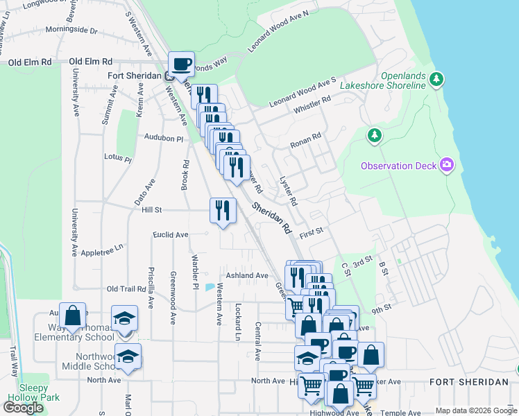 map of restaurants, bars, coffee shops, grocery stores, and more near Sheridan Road in Highwood