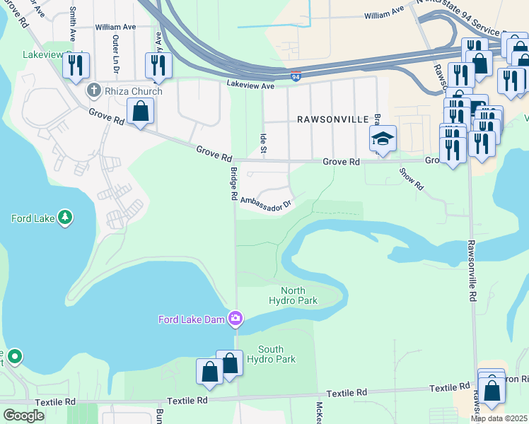 map of restaurants, bars, coffee shops, grocery stores, and more near 2706 Ambassador Drive in Ypsilanti
