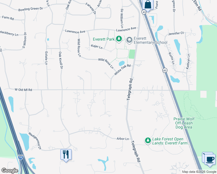 map of restaurants, bars, coffee shops, grocery stores, and more near 1588 White Oak Road in Lake Forest