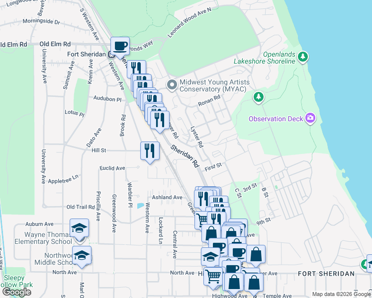 map of restaurants, bars, coffee shops, grocery stores, and more near 44 Westover Road in Highwood