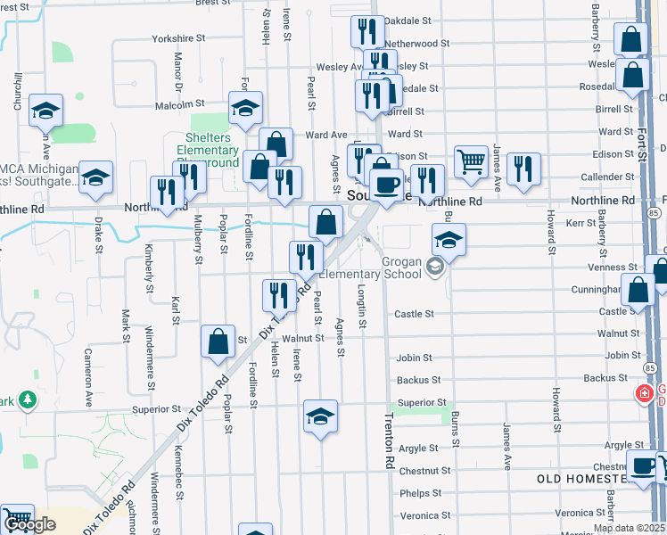map of restaurants, bars, coffee shops, grocery stores, and more near 13247 Dix Toledo Road in Southgate