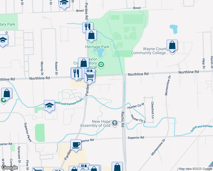 map of restaurants, bars, coffee shops, grocery stores, and more near 22263 Century Drive in Taylor