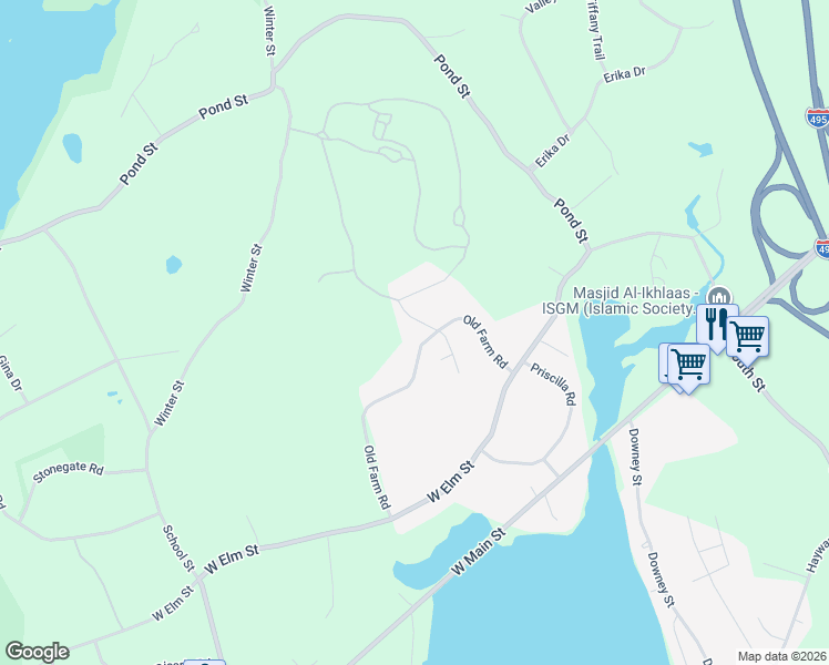 map of restaurants, bars, coffee shops, grocery stores, and more near 21 Old Farm Road in Hopkinton