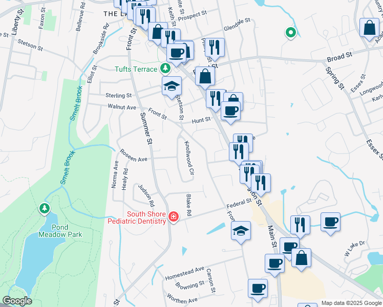 map of restaurants, bars, coffee shops, grocery stores, and more near 111 Knollwood Circle in Weymouth