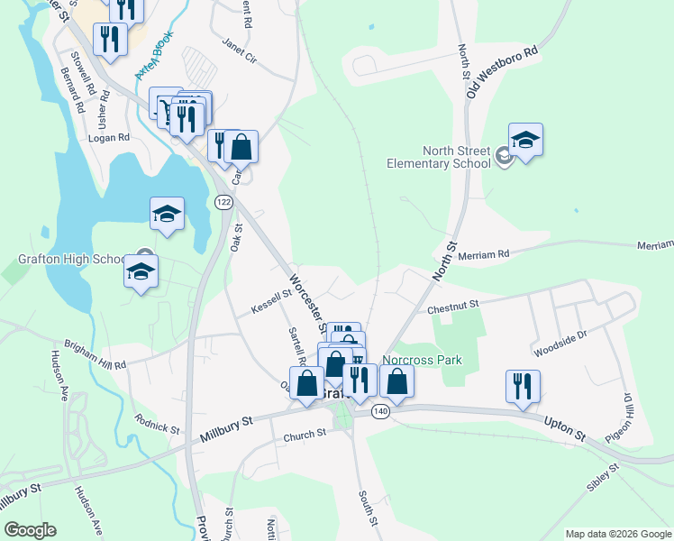 map of restaurants, bars, coffee shops, grocery stores, and more near 7 Virginia Circle in Grafton