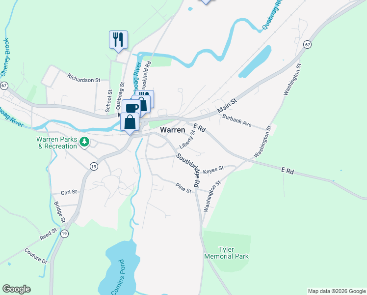 map of restaurants, bars, coffee shops, grocery stores, and more near 57 Liberty Street in Warren