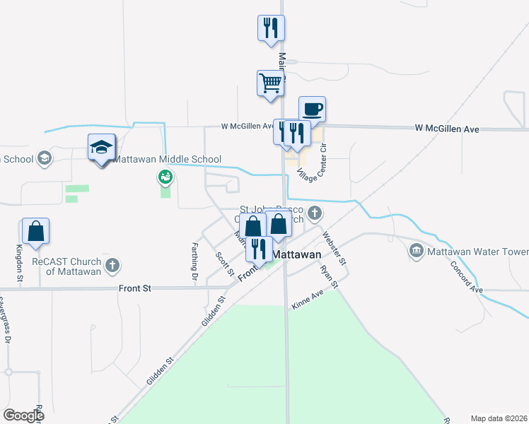 map of restaurants, bars, coffee shops, grocery stores, and more near 24099 Third Avenue in Mattawan
