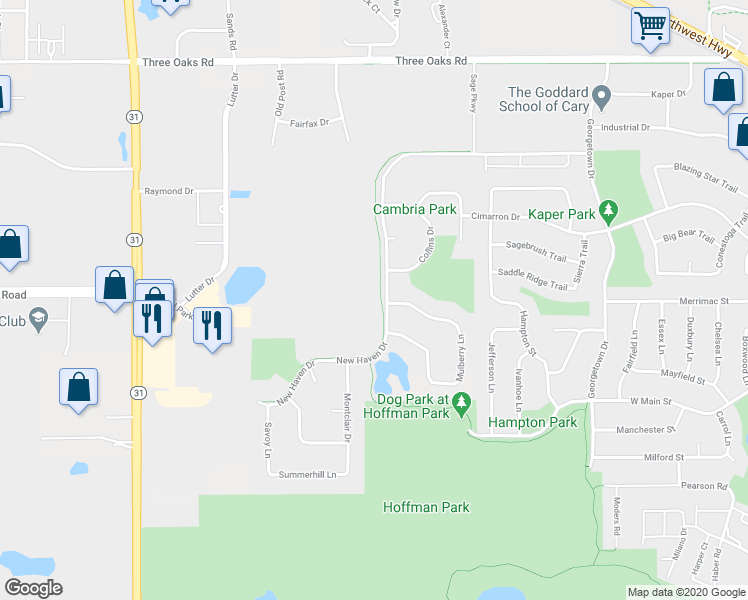 map of restaurants, bars, coffee shops, grocery stores, and more near 100 New Haven Drive in Cary