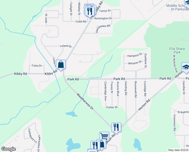 map of restaurants, bars, coffee shops, grocery stores, and more near 1800 Park Road in Jackson