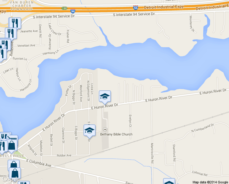 map of restaurants, bars, coffee shops, grocery stores, and more near 893 East Huron River Drive in Belleville