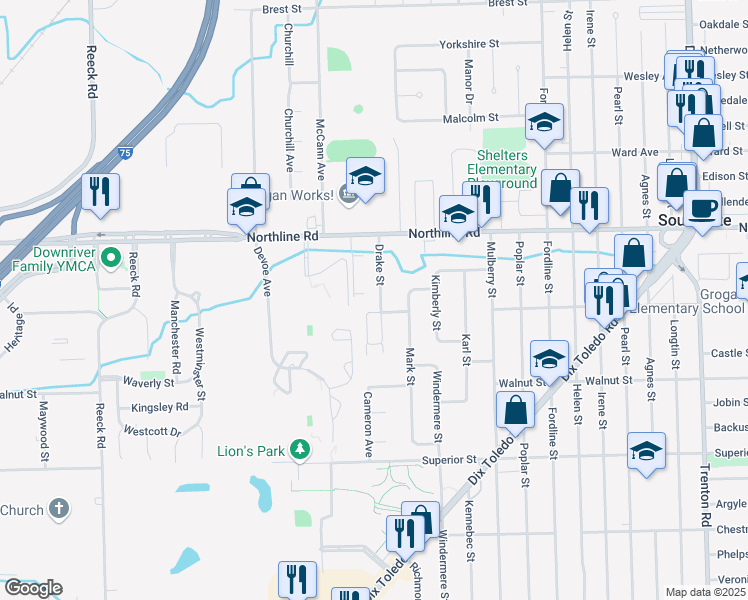 map of restaurants, bars, coffee shops, grocery stores, and more near 13282 Drake Street in Southgate