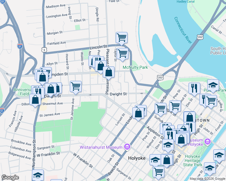map of restaurants, bars, coffee shops, grocery stores, and more near 1137 Dwight Street in Holyoke