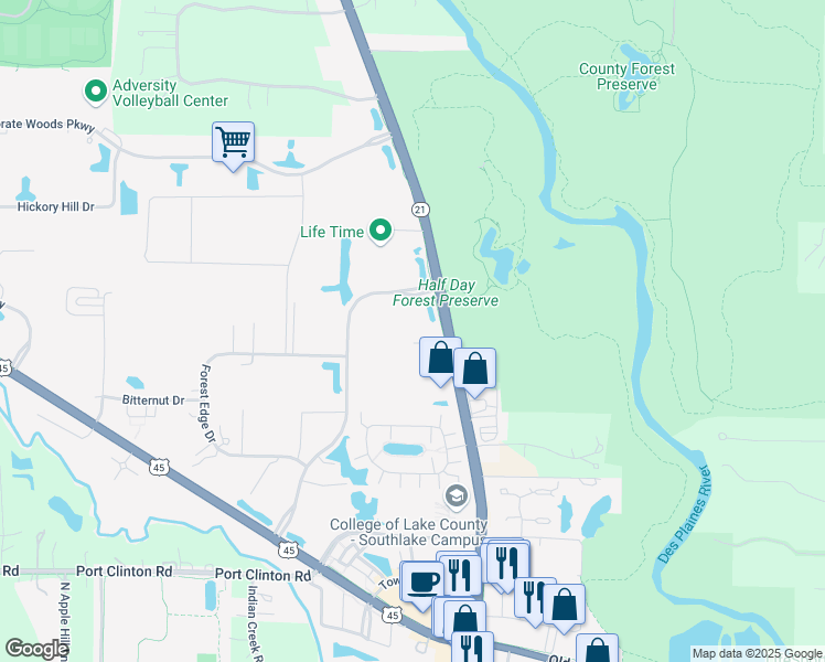 map of restaurants, bars, coffee shops, grocery stores, and more near 675 Woodlands Parkway in Vernon Hills