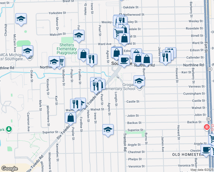 map of restaurants, bars, coffee shops, grocery stores, and more near 13247 Dix Toledo Road in Southgate