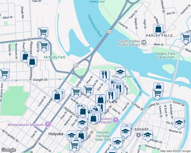map of restaurants, bars, coffee shops, grocery stores, and more near 238 Lyman Street in Holyoke