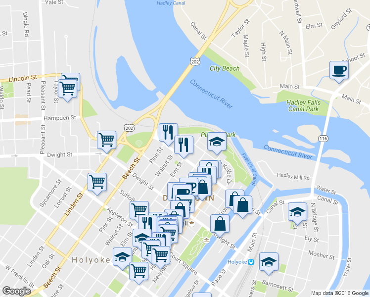 map of restaurants, bars, coffee shops, grocery stores, and more near 32-34 Saint Kolbe Drive in Holyoke