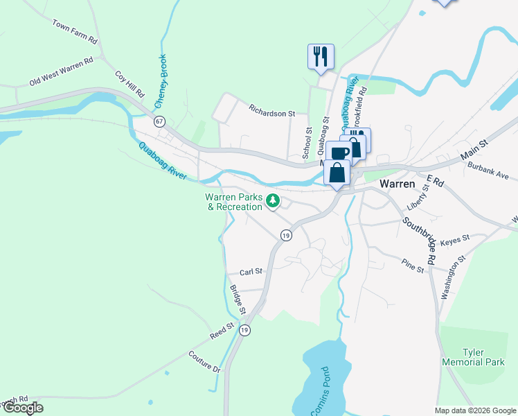 map of restaurants, bars, coffee shops, grocery stores, and more near 67 High Street in Warren