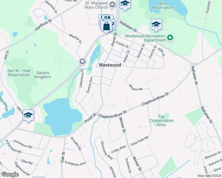 map of restaurants, bars, coffee shops, grocery stores, and more near 86 Willow Street in Westwood