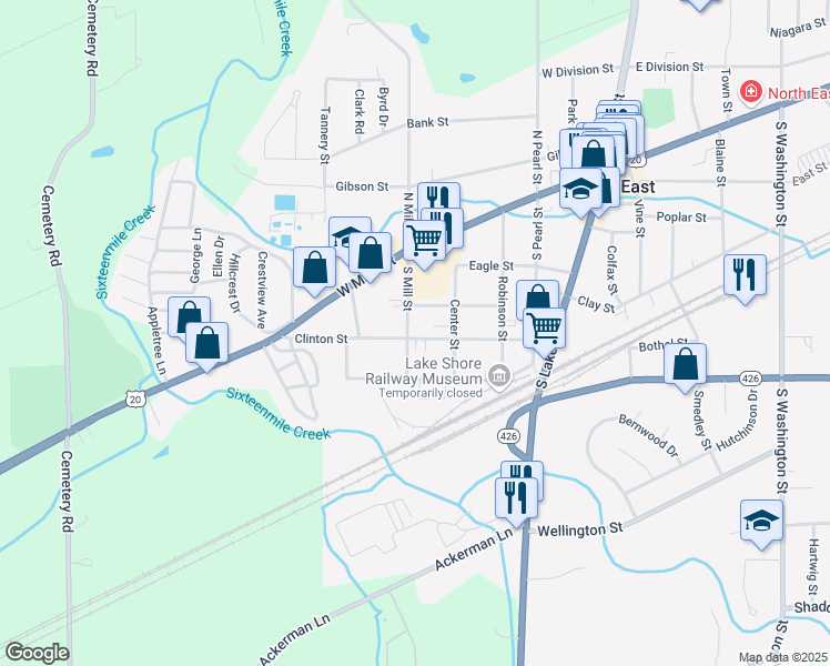 map of restaurants, bars, coffee shops, grocery stores, and more near 72 Clinton St in North East