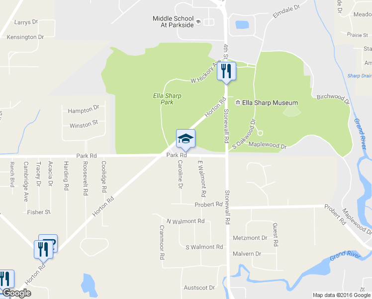 map of restaurants, bars, coffee shops, grocery stores, and more near 766 Park Road in Jackson