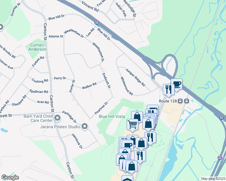 map of restaurants, bars, coffee shops, grocery stores, and more near 90 Endicott Street in Westwood