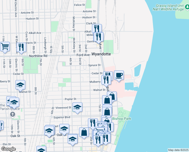 map of restaurants, bars, coffee shops, grocery stores, and more near 135 Cedar Street in Wyandotte