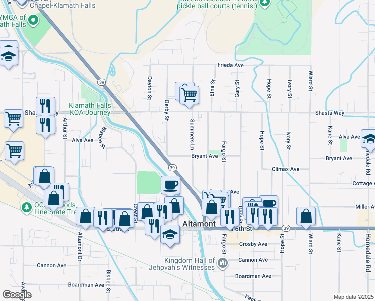 map of restaurants, bars, coffee shops, grocery stores, and more near 1852 Summers Lane in Klamath Falls