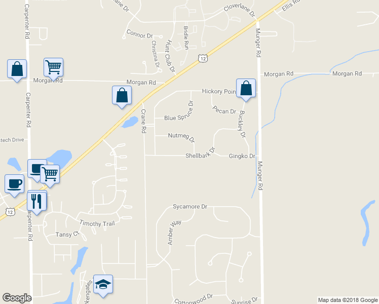 map of restaurants, bars, coffee shops, grocery stores, and more near 4688 Nutmeg Drive in Ypsilanti