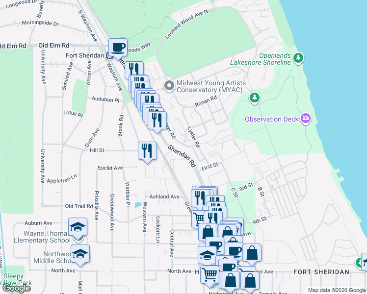 map of restaurants, bars, coffee shops, grocery stores, and more near 44 Westover Road in Highwood