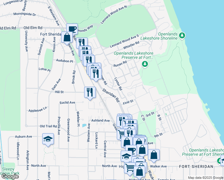 map of restaurants, bars, coffee shops, grocery stores, and more near 44 Westover Road in Highwood