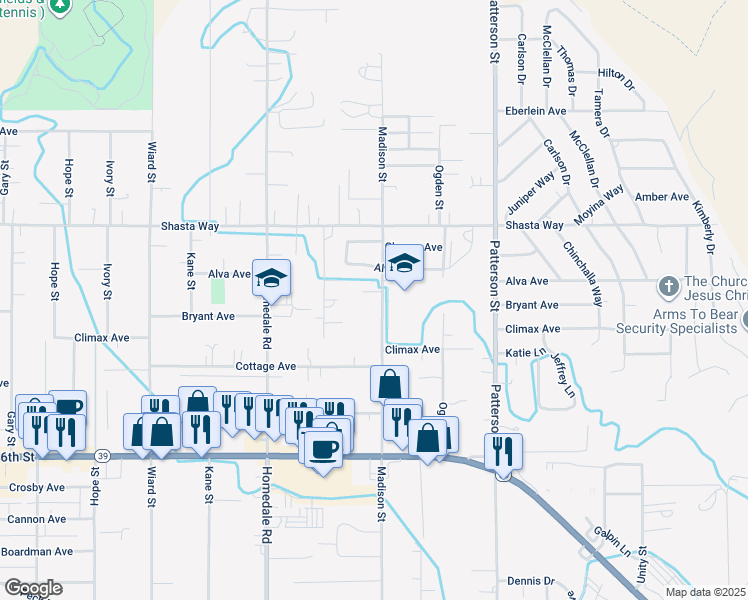 map of restaurants, bars, coffee shops, grocery stores, and more near 5718 Bryant Avenue in Klamath Falls