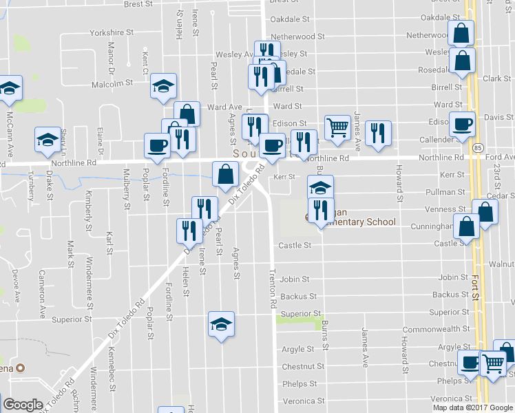 map of restaurants, bars, coffee shops, grocery stores, and more near 13249 Longtin Street in Southgate