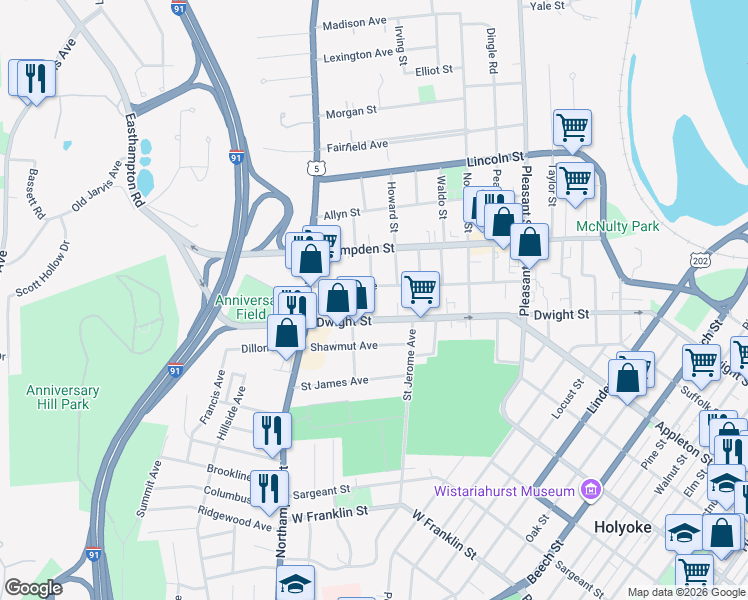 map of restaurants, bars, coffee shops, grocery stores, and more near 44 Parker Street in Holyoke