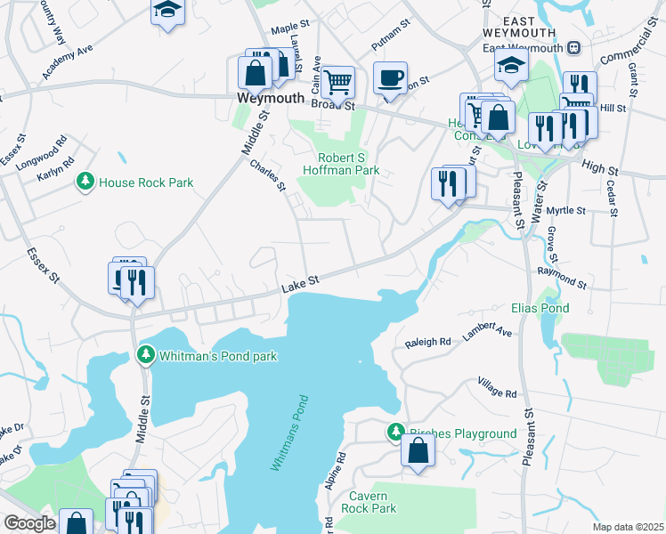 map of restaurants, bars, coffee shops, grocery stores, and more near 147 Lake Street in Weymouth