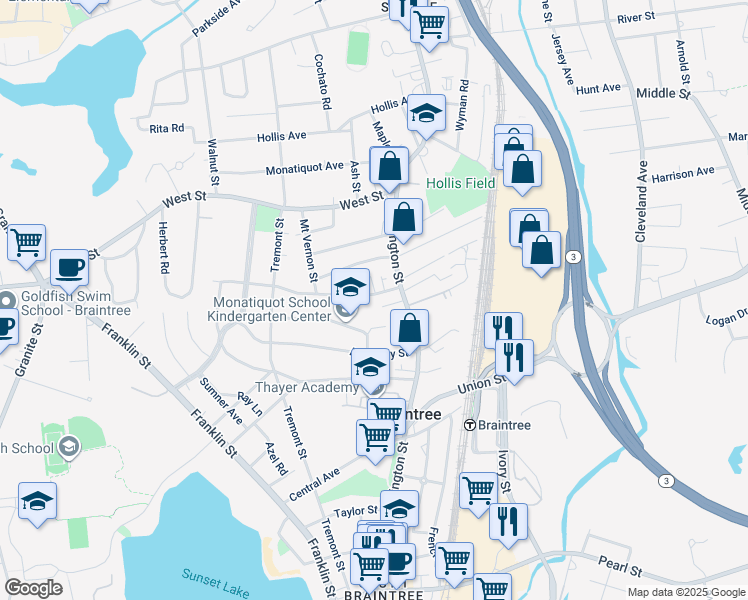 map of restaurants, bars, coffee shops, grocery stores, and more near 22 Weston Avenue in Braintree
