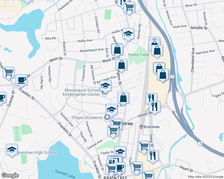 map of restaurants, bars, coffee shops, grocery stores, and more near 22 Weston Avenue in Braintree