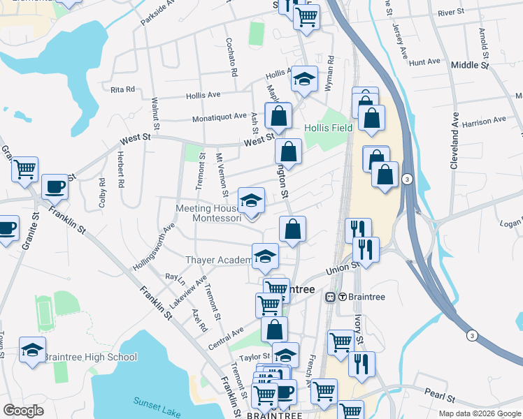 map of restaurants, bars, coffee shops, grocery stores, and more near 22 Weston Avenue in Braintree