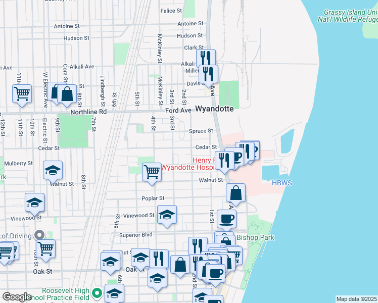map of restaurants, bars, coffee shops, grocery stores, and more near 223 Cedar Street in Wyandotte
