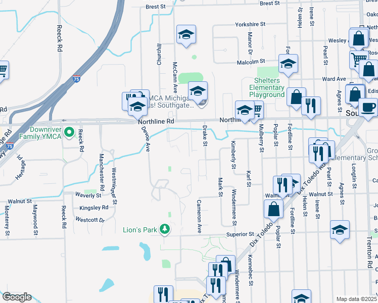 map of restaurants, bars, coffee shops, grocery stores, and more near 13282 Drake Street in Southgate
