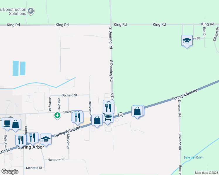 map of restaurants, bars, coffee shops, grocery stores, and more near 3410 South Dearing Road in Spring Arbor