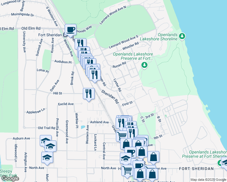 map of restaurants, bars, coffee shops, grocery stores, and more near 44 Westover Road in Highwood