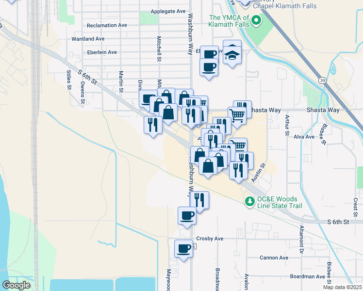 map of restaurants, bars, coffee shops, grocery stores, and more near 2532 South 6th Street in Klamath Falls