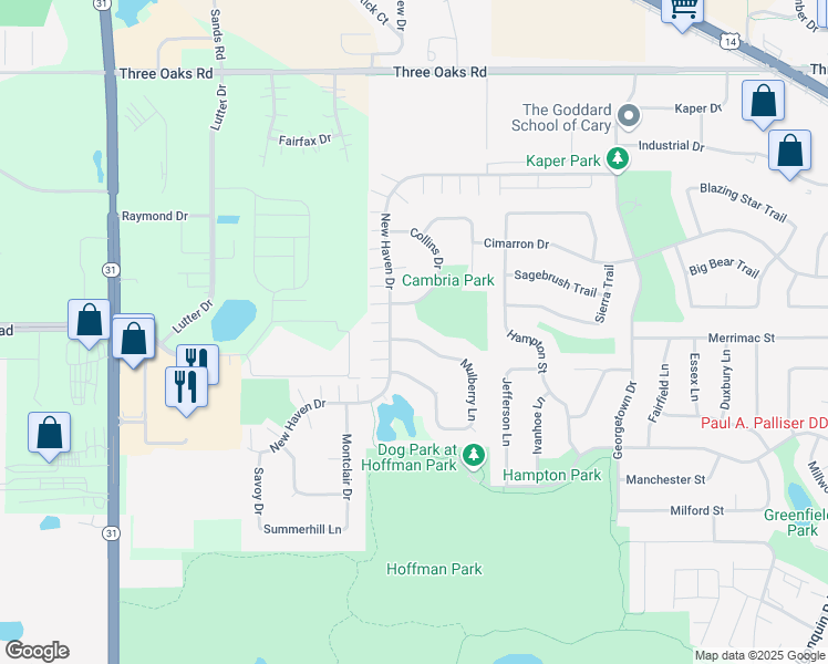 map of restaurants, bars, coffee shops, grocery stores, and more near 1306 Mulberry Lane in Cary
