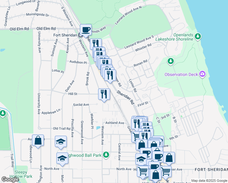 map of restaurants, bars, coffee shops, grocery stores, and more near 730 Sheridan Road in Highwood