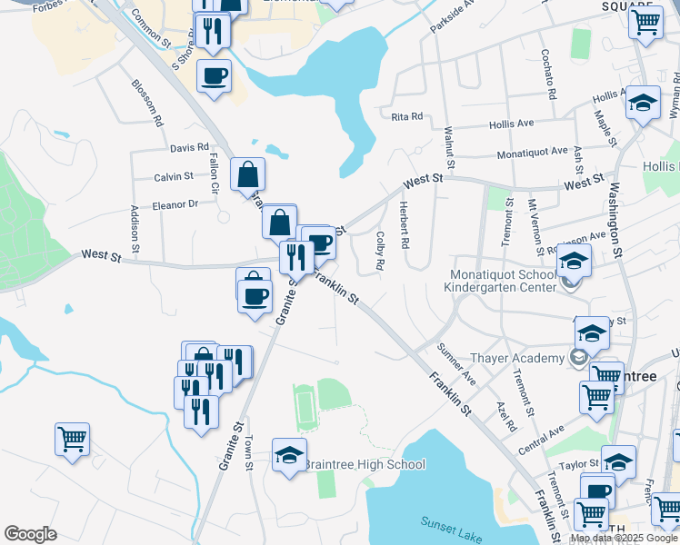 map of restaurants, bars, coffee shops, grocery stores, and more near 2 Rosedale Avenue in Braintree