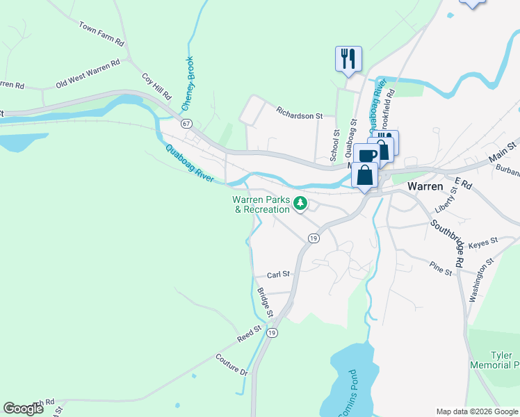 map of restaurants, bars, coffee shops, grocery stores, and more near 81 Mechanic Street in West Brookfield