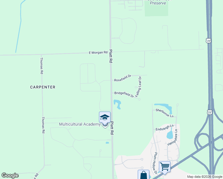 map of restaurants, bars, coffee shops, grocery stores, and more near 5258 Platt Road in Ann Arbor